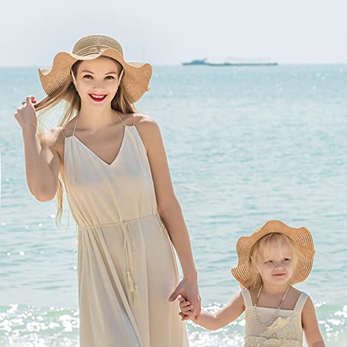 2 PCS Parent-Child Straw Hat Wide Brim Bowknot Cap Beach Sun Hat for Girls Women - color: Wave Pricot