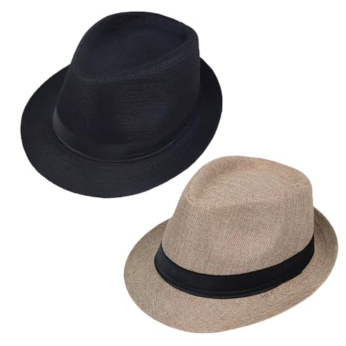 Giroir 2Pack Fedora Hats for Men Women Short Brim Unisex Short Brim Summer Beach Style 1920s Party Accessories - color: Black+beige, size: Small-Medium