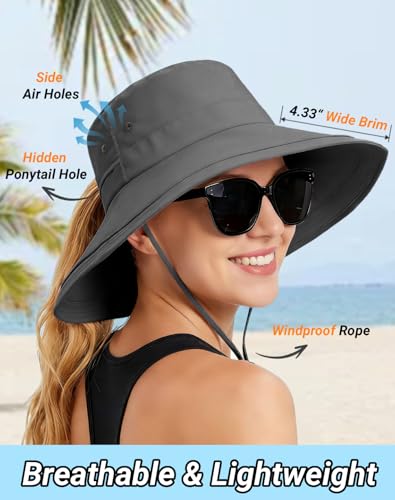 Rosoz Women Sun Hat with Ponytail Hole Wide Brim Bucket Hats UPF 50+ Beach Hiking Gardening Hat Water-Resistant Outdoot Hat - color: Dark Grey