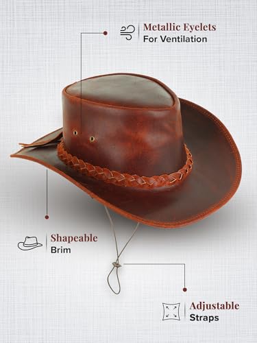 Genuine Leather Cowboy Hat for Men & Women – Western Outback Hat with Chin Strap & Sun Protection - color: Reddish Brown, size: XX-Large