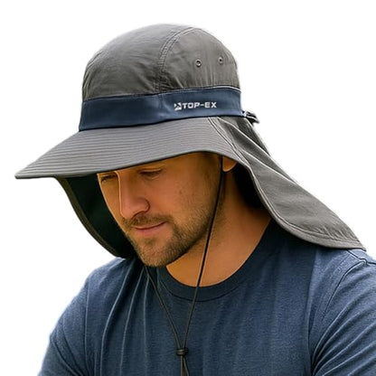 TOP-EX UPF 50+ Cooling Wide Brim Sun Hat for Men with Neck Flap, Packable - color: Dark Grey, size: Large-X-Large