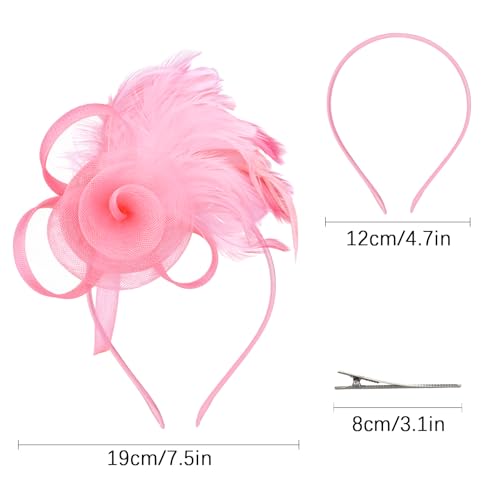 AMCAMI Fascinators Hats with Feather for Women 2026 Derby Hats Small Tea Party Hat with Headband - color: Pink