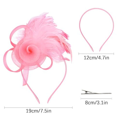 AMCAMI Fascinators Hats with Feather for Women 2026 Derby Hats Small Tea Party Hat with Headband - color: Pink