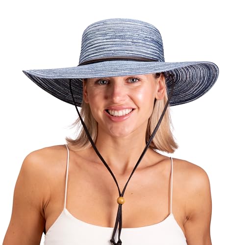 Sloggers Women's Wide Brim Braided Sun Hat with Wind Lanyard - UPF 50+ Maximum Sun Protection - color: Blue
