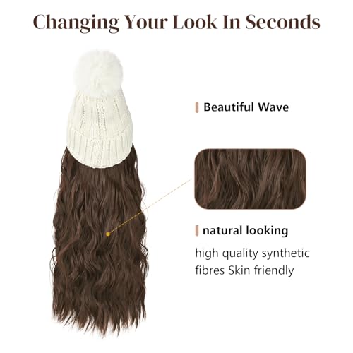 Flufymooz FLmaozi Beanie Wig, Hat Hair Extension Long Wavy White Hat Wig with Faux Fur Pom, Attached 20 Inch Synthetic Hairpiece for Women Girls Winter（Medium Brown with Medium Auburn） - color: White Hat-medium Brown With Medium Auburn, size: 20 Inch
