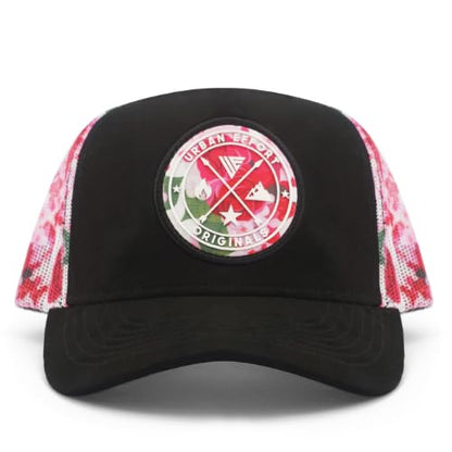 Urban Effort Trucker Hat for Men & Women, Mesh Back Baseball Cap, 5 Panel - color: Black + Flower Patch, style: Mesh Back