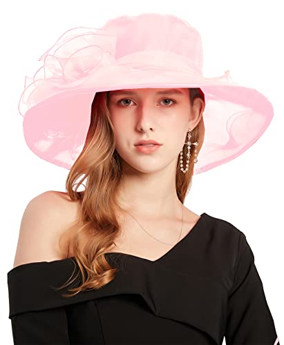 Women's Kentucky Derby Church Dress Hat Wide Brim Leaf Flower Bridal Shower Hat - color: G5 Pink