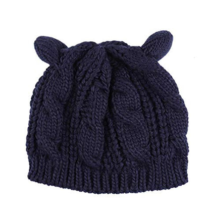 Women Winter Wool Baggy Beret Beanie Cute Devil Cat Ear Crochet Braided Knit Hat Ski Cap - color: Navy Blue