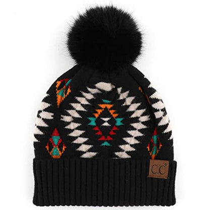 C.C Fur Pom Winter Fall Trendy Chunky Stretchy Cable Knit Beanie Hat - color: Aztec Black