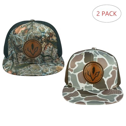 BASSDASH 2 Pack Flat Brim Trucker Cap Adjustable Snapback Hat Mesh Back for Men Women Fishing Hunting - color: Autumn Forest & Color Block Camo