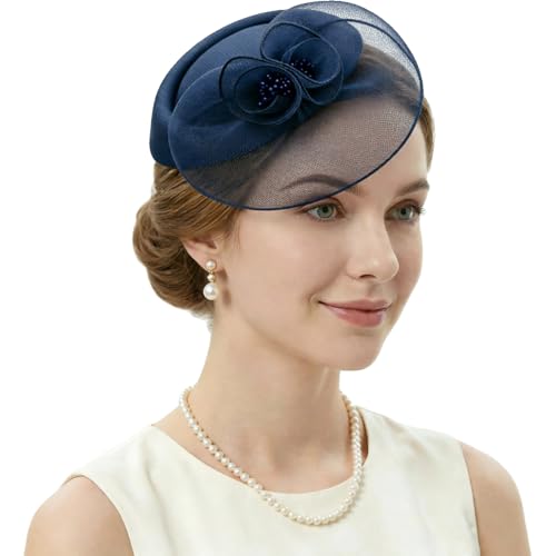 DRESHOW Fascinator Hats for Women Cocktail Tea Party Hat Netted Pillbox Hat Vintage Derby Hats for Bridal Wedding - color: Pillbox Hat: Navy Blue