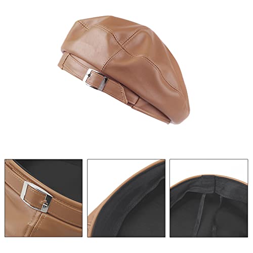 Women Buckle Spring Fall Winter Faux Leather Beret Classic British Style Hat - color: Yellow