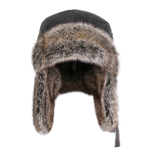 Faux Fur Winter Hat PU Leather Warm Earflap Trapper Hats for Men Women Russian Ushanka Hat Windproof Cycling Ski Cap - color: Black