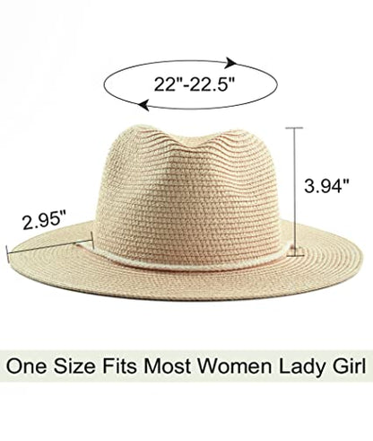 Women Straw Fedora Hat Summer Panama Beach Sun Hats UV UPF50+ Cap - color: Beige