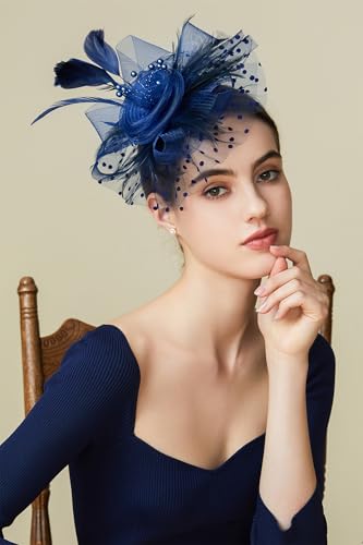 BABEYOND Fascinators Hats for Women Tea Party Flower Tulle Bead Derby Hat - color: Dark Blue
