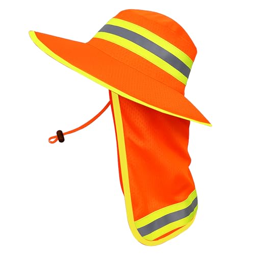 Men High Visibility Reflective Work Safety Sun Hat with Neck Flap Wide Brim Boonie UV Protection - color: 1pc Neon Orange