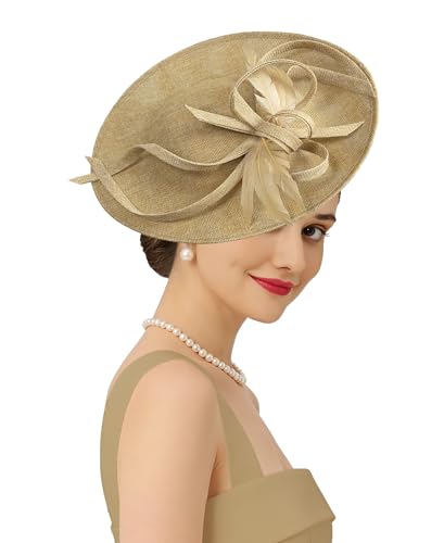 Kidukso Fascinators Hat 20s 50s for Women Derby Hat Vintage Feather Headband for Tea Party Church Wedding Cocktail - color: Khaki