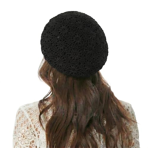 ZLYC Women Cotton Slouchy Crochet Beret Handmade Cutout Floral Beanie Hat - color: Plain Black