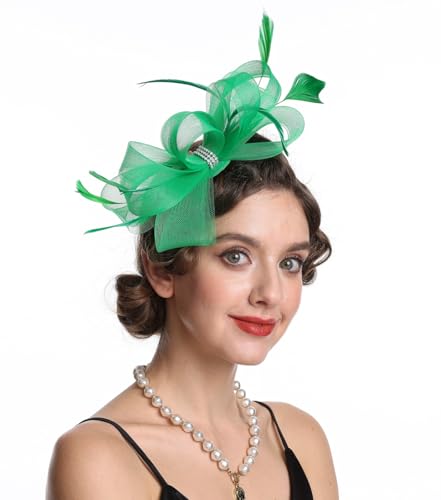 SAFERIN Elegant Women's Fascinator Hat with Veil and Feather Hair Clip Headpiece for Weddings Tea Party - color: St09-green