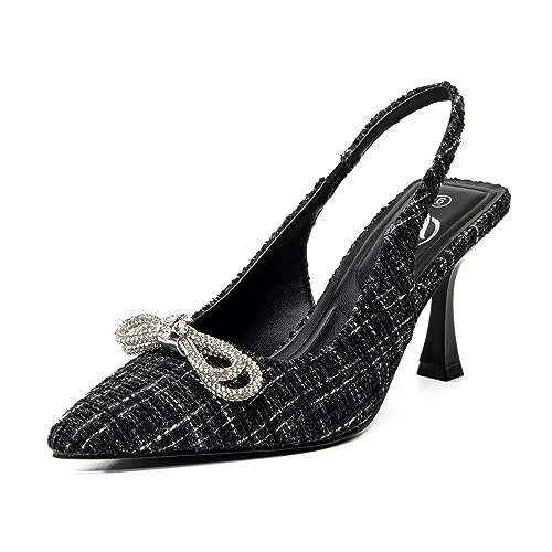 Trary Slingback Heels for Women - Pointed Toe Pumps, Comfortable & Stylish for Parties & Work - 3.2inch High Heels, Rhinestone & Glitter Dressy Shoes - color: Wollen Black, size: 7.5