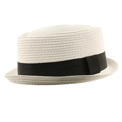 Men's Cool Summer Straw Pork Pie Derby Fedora Upturn Brim Hat L/XL White