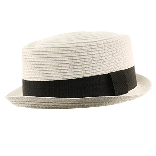 Men's Cool Summer Straw Pork Pie Derby Fedora Upturn Brim Hat L/XL White