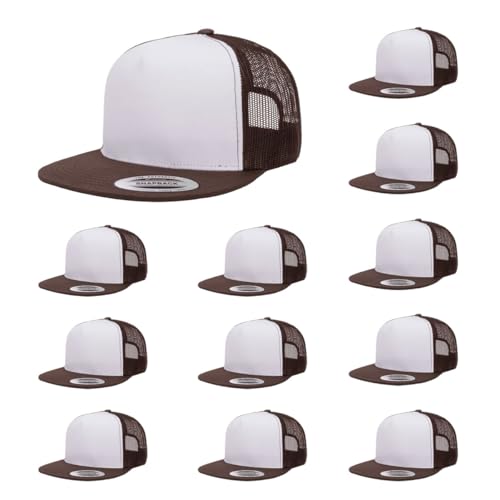 Yupoong 5-Panel YP Classic Trucker Cap | High Profile Flat Visor Snapback - color: Brown/White/Brown