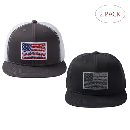 BASSDASH 2 Pack Flat Brim Trucker Cap Adjustable Snapback Hat Mesh Back for Men Women Fishing Hunting - color: Charcoal Grey/Fish Flag & Black/Fish Flag