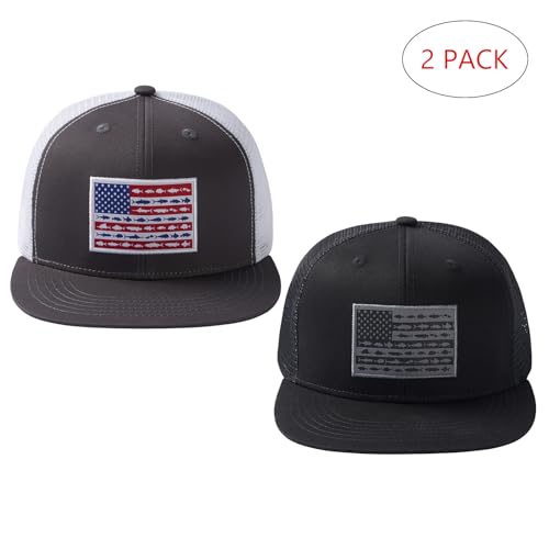 BASSDASH 2 Pack Flat Brim Trucker Cap Adjustable Snapback Hat Mesh Back for Men Women Fishing Hunting - color: Charcoal Grey/Fish Flag & Black/Fish Flag