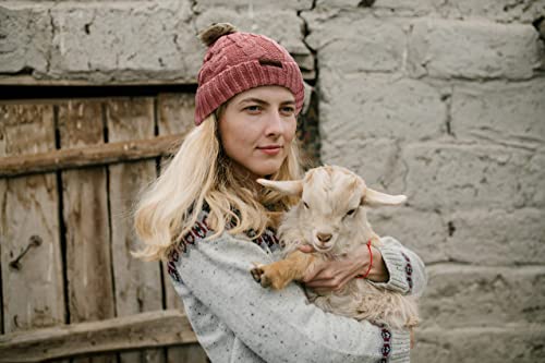 Novarena Thick Cable Knit Faux Fuzzy Fur Pom Fleece Lined Skull Cap Cuff Beanie - color: Coral Pink Pom Beanie