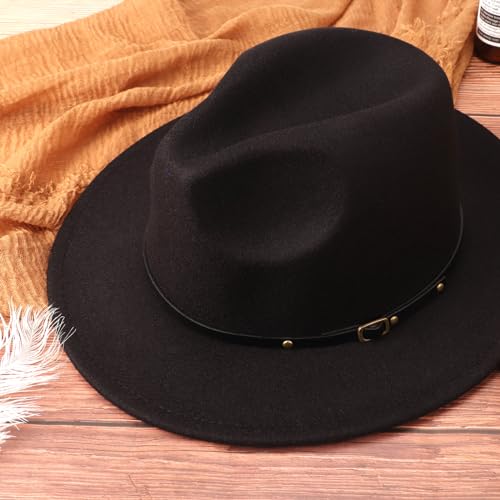 DRESHOW Women Classic Felt Fedora Wide Brim Floppy with Belt Buckle Panama Hat - color: 01 Set: Felt Fedora Black + Heart Eyeglasses + Eyeglass Case