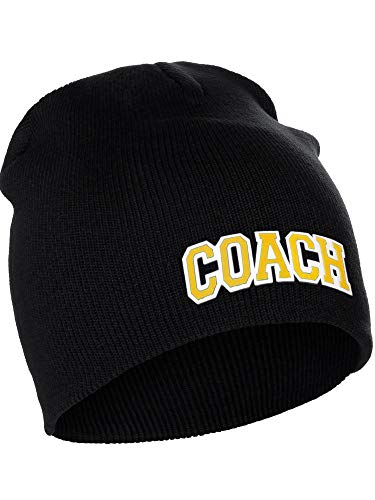 I&W Sports Team Coach Arch Letters Winter Knit Cuffless Beanie 3D Raised Layers - color: Black Beanie White Gold
