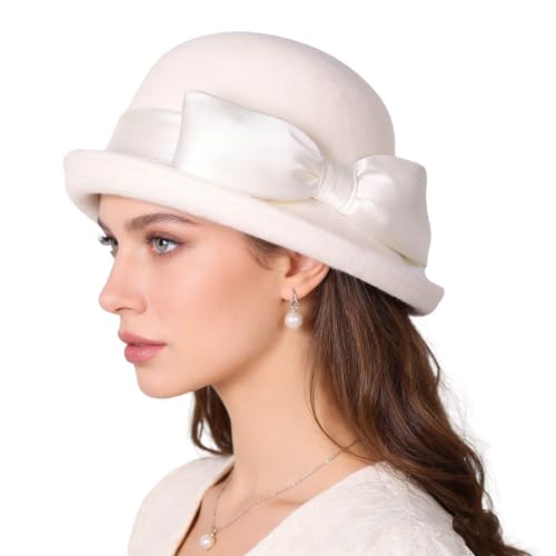Women Solid Color 100% Wool Winter Hat Women Cloche Bucket Bowler with Bowknot - color: White 1