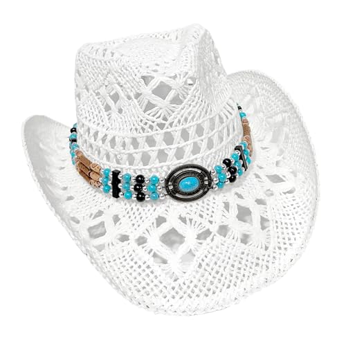 Carnavalife Straw Cowboy Hat for Women and Men, Western Cowgirl Hat with Turquoise Beaded Band for Rodeos and Festivals - color: White, size: 7 1/4