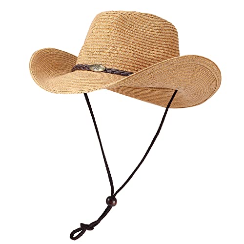 Straw Cowgirl Hat for Women Cowboy Hats for Men Wide Brim Sun Hat Shapeable Western Hat Beach Hat - color: Brown