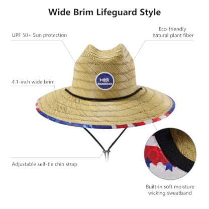 BASSDASH UPF 50+ Wide Brim Lifeguard Straw Hat for Beach Fishing Outdoor - color: Americana