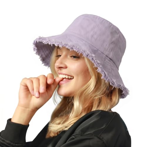 CHOK.LIDS Frayed Bucket Hat Washed Cotton Floppy Wide Brim Boonie Cap - color: Lavender