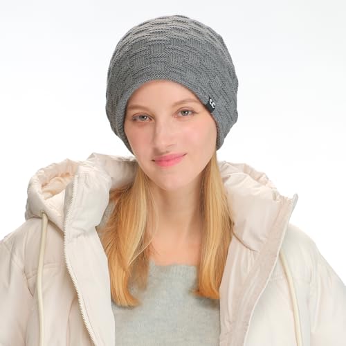 C.C Fuzzy Lined Beanie, Thick Soft Knit Winter Hat, Warm Cozy Skull Cap for Women & Men - color: Light Melange Grey