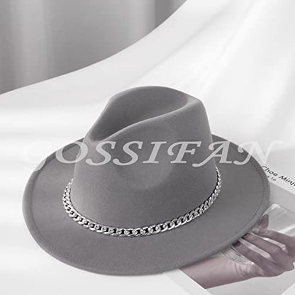Women Men Wide Brim Fedoran Hat with Chain Belt Buckle - color: Light Grey
