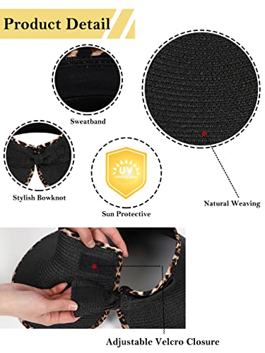 LA CARRIE Wide Brim UV Protection Sun Hats for Women with Leopard Trim Straw Roll Up Beach Visor Hat UPF 50+ - color: Black