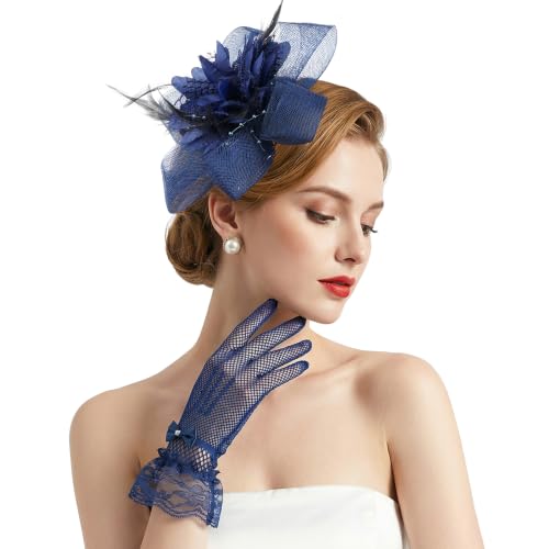 Fascinators Hats with Lace Gloves for Women Headband for Tea Party Wedding - color: Navy Blue
