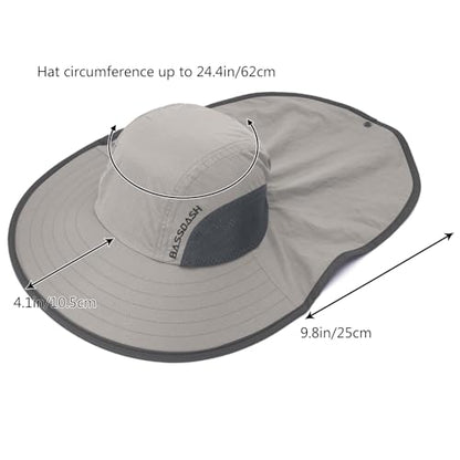 BASSDASH UPF 50+ Unisex Water Resistant Wide Brim Sun Hat with Large Neck Flap Ponytail Fishing Hat for Men Women - color: Light Grey/Dark Grey
