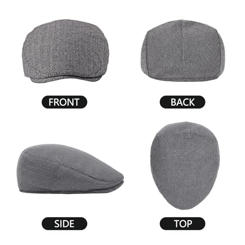meioro Herringbone Flat Ivy Newsboy Cap for Men Classic Tweed Newsboy Hat Wool Blend Flat Cap Gatsby Cabbie Hats Ivy Caps - color: Grey