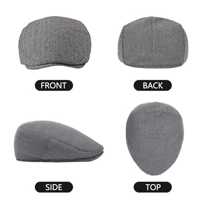 meioro Herringbone Flat Ivy Newsboy Cap for Men Classic Tweed Newsboy Hat Wool Blend Flat Cap Gatsby Cabbie Hats Ivy Caps - color: Grey
