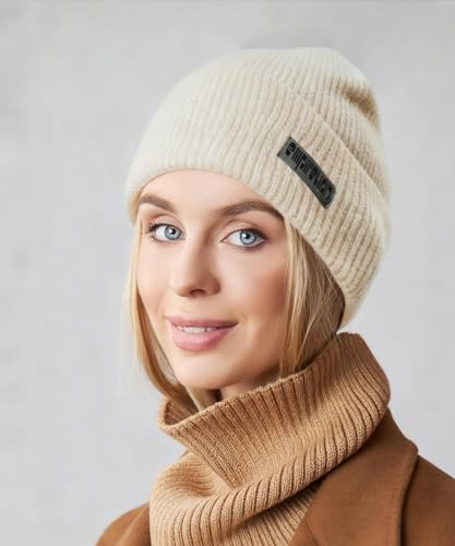 EMPIRELION Warm Cuffed Beanie for Winter, 9 cm Extra-Warm Fold, 42-30-28 Stretch Yarn, Wind-Resistant, One Size - color: Frosted Vanilla