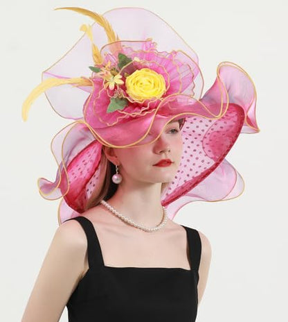Women Derby Church Hat Organza Flower Wedding Tea Party Fascinator Wide Brim Sun Hat - color: 14-rose Red
