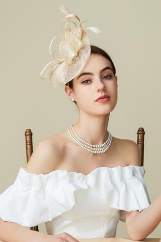 BABEYOND Fascinators Hats for Women Tea Party Glitter Pillbox Hat Derby Hat - color: Off-white