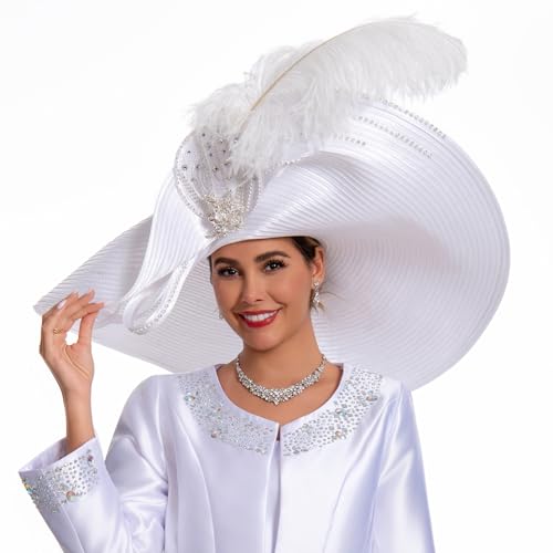Women's Dramatic Giant Wide Brim Rhinestone Church Hat Statement Turban Fascinator for Wedding Chapel Baptist Sunday - color: 19-white