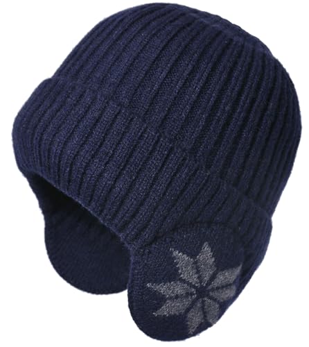Knit Beanie Hat with Earflaps – Winter Warm Thick Fleece Lined Ski Skull Cap for Men Women - color: Navy Blue