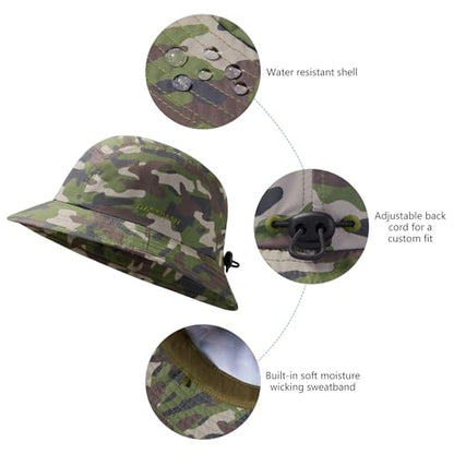 BASSDASH UPF50+ Fishing Bucket Hat for Men Women Lightweight Water Resistant Packable Outdoor Summer Sun Hats FH13 - color: Army Green Camo